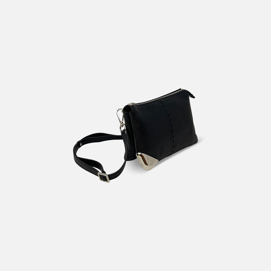 Small Leather Twin Pouch with Silver Crossbody Black - Big Bag NY