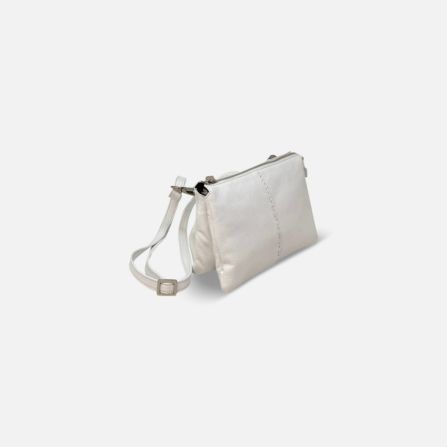 Renato Angi Small Twin Pouch Leather Crossbody in White - Big Bag NY