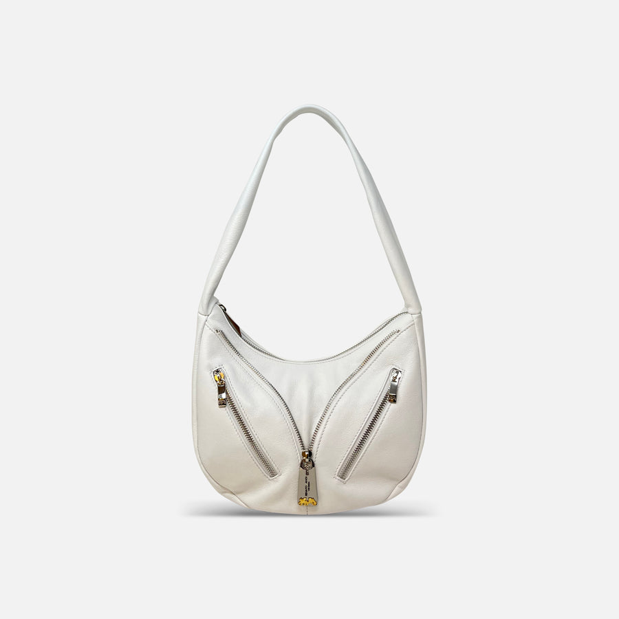 Renato Angi Small Leather Shoulder Bag with Zip Front White - Big Bag NY