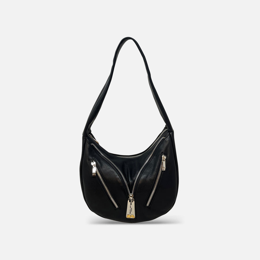 Renato Angi Small Leather Shoulder Bag with Zip Front Black - Big Bag NY
