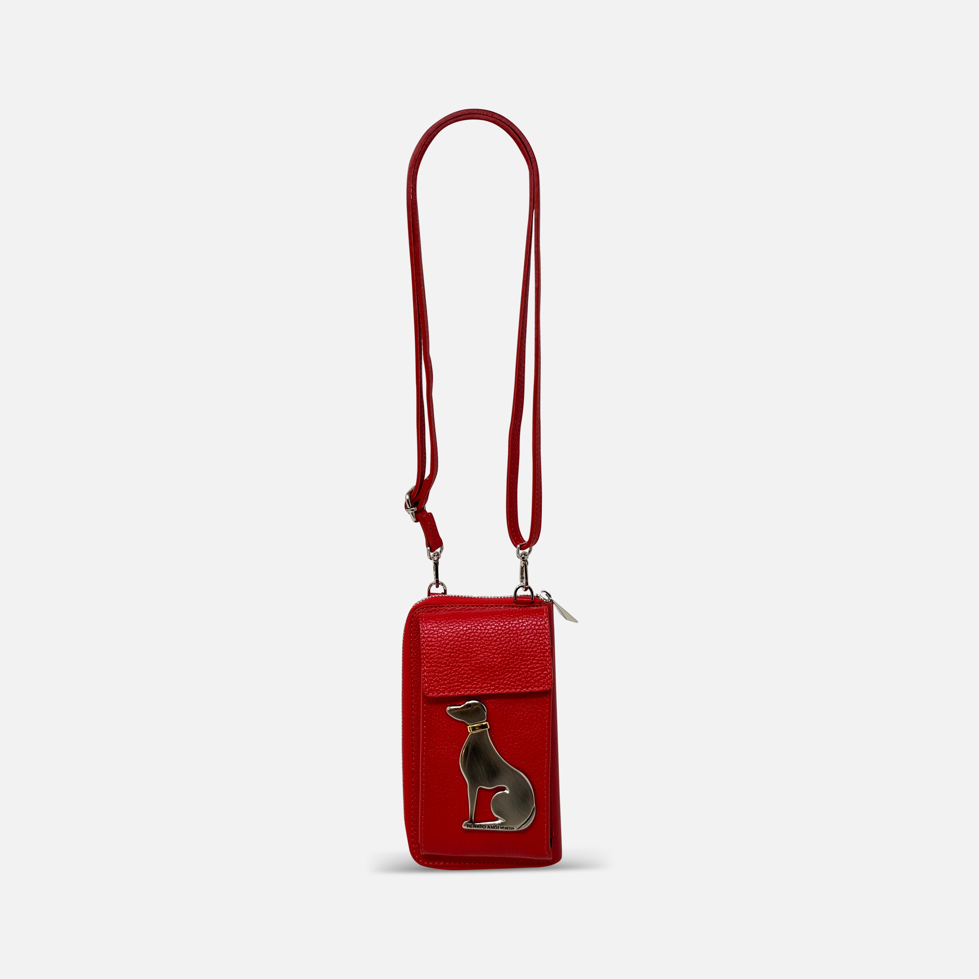 Renato Angi Leather Crossbody Wallet with Silver Cat Red - Big Bag NY