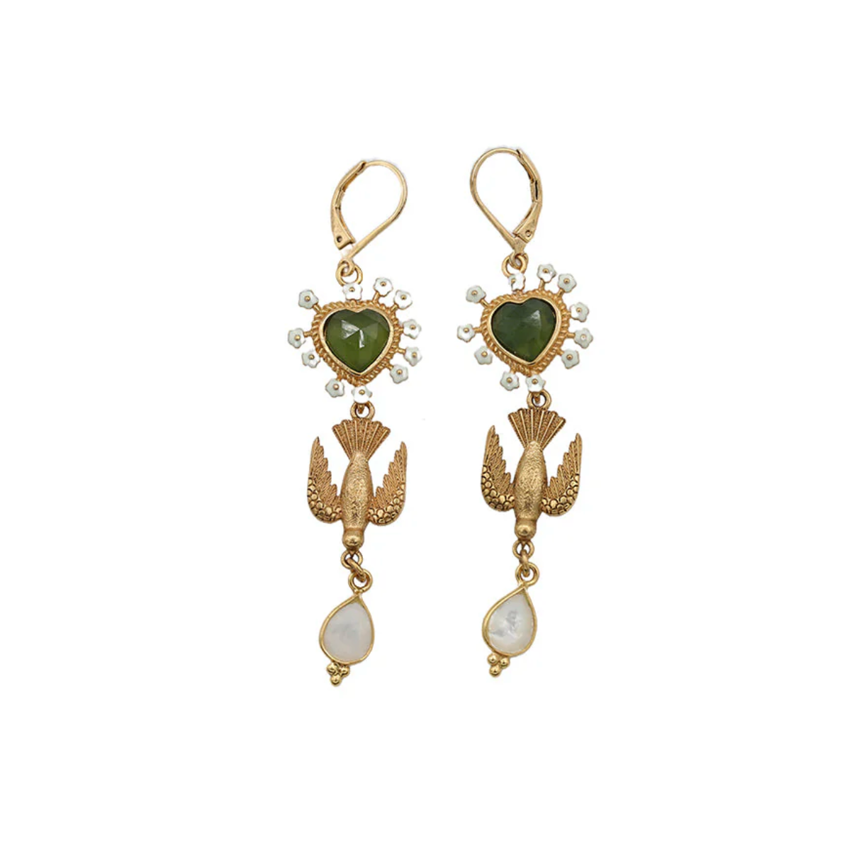 LA2L SACHA Bird Heart Drop Earrings Green Serpentine and Mother of Pearl - Big Bag NY
