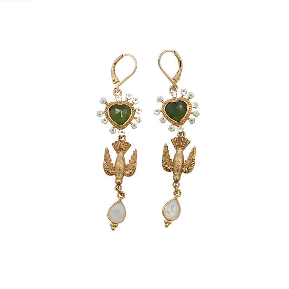 LA2L SACHA Bird Heart Drop Earrings Green Serpentine and Mother of Pearl - Big Bag NY
