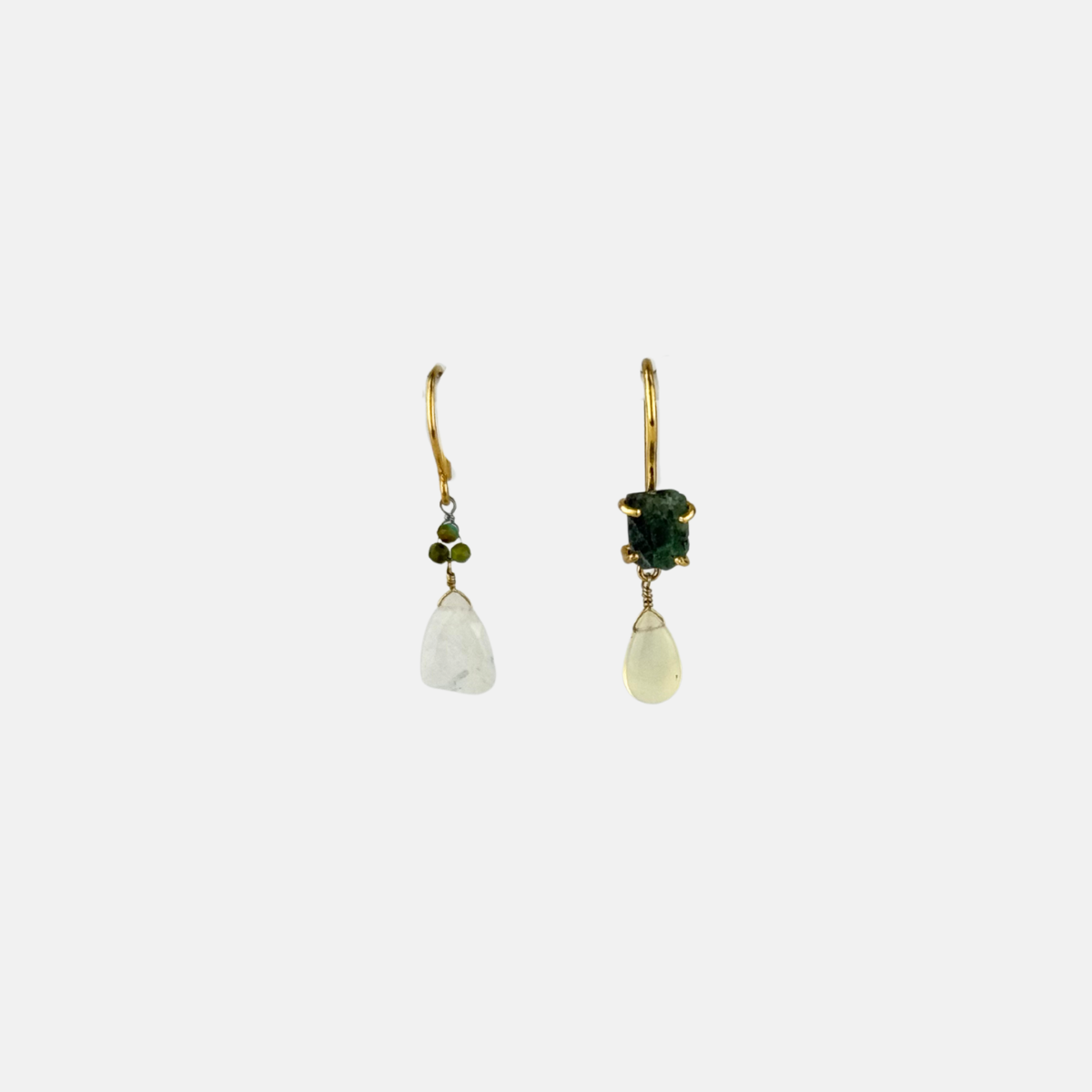 Le Fourbi de Capucine Asymmetric Green Gemstone Drop Earrings Moonstone and Jade - Big Bag NY