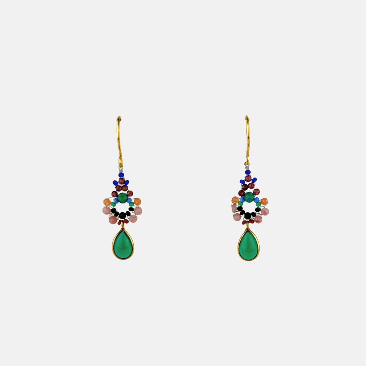 Le Fourbi de Capucine Floral Beaded Green Onyx Drop Earrings - Big Bag NY