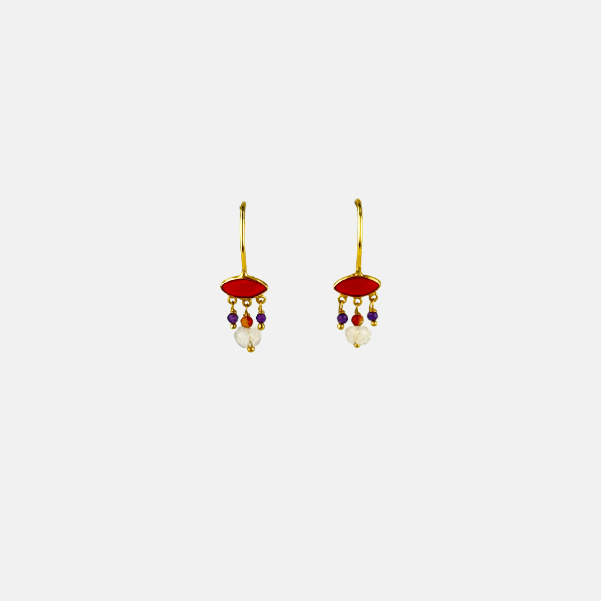 Le Fourbi de Capucine Gold Drop Earrings with Red, Purple, and White Gemstones-Big Bag NY