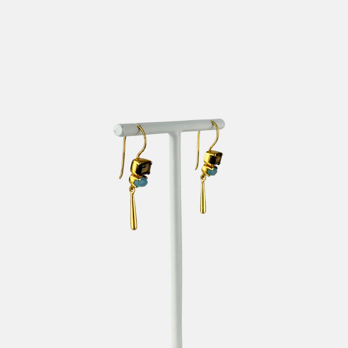 Le Fourbi de Capucine Gold Drop Earrings with Smoky Quartz and Blue Gemstones2-Big Bag NY