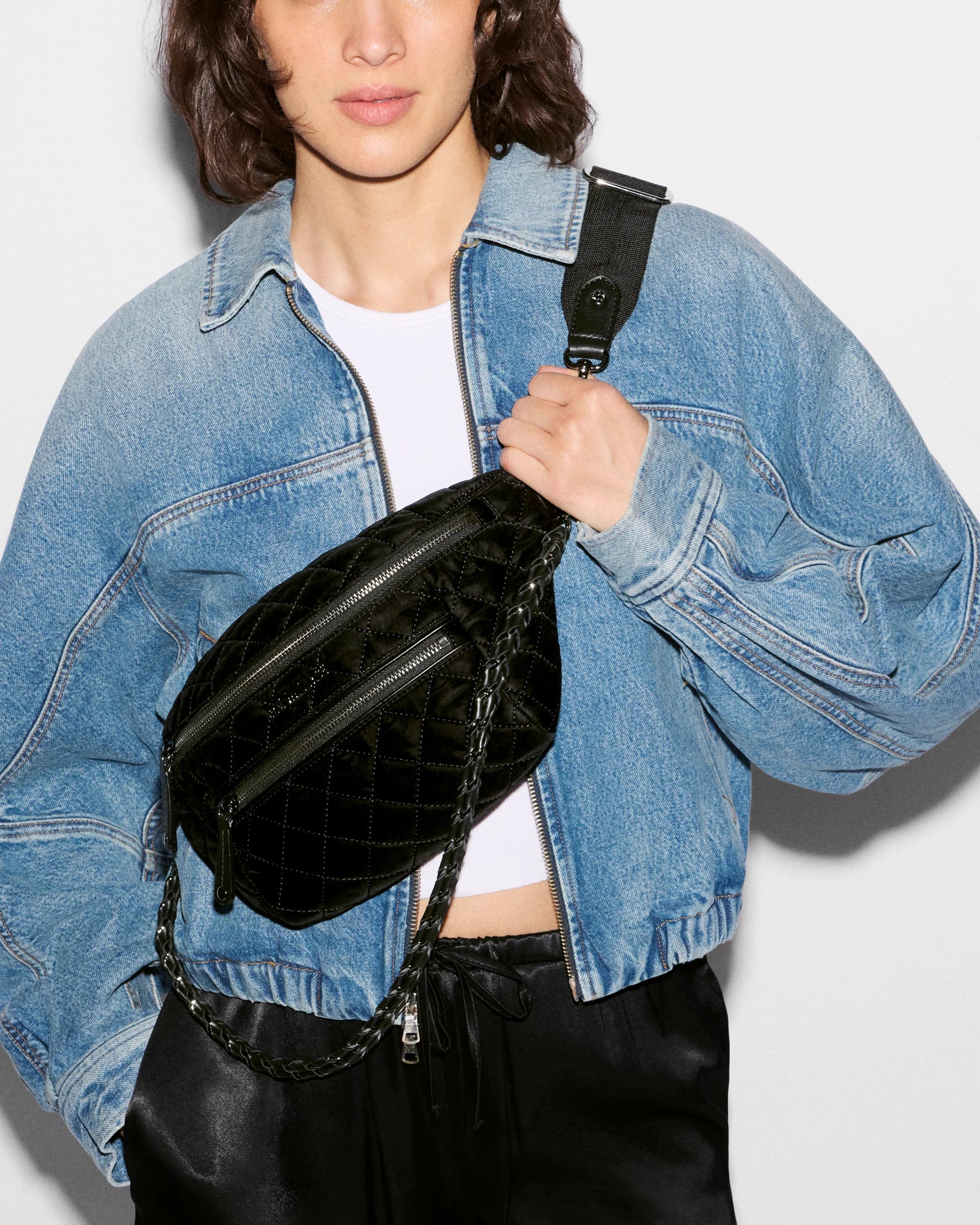 MZ Wallace Small Crosby Crossbody Sling in Black Velvet - Big Bag NY