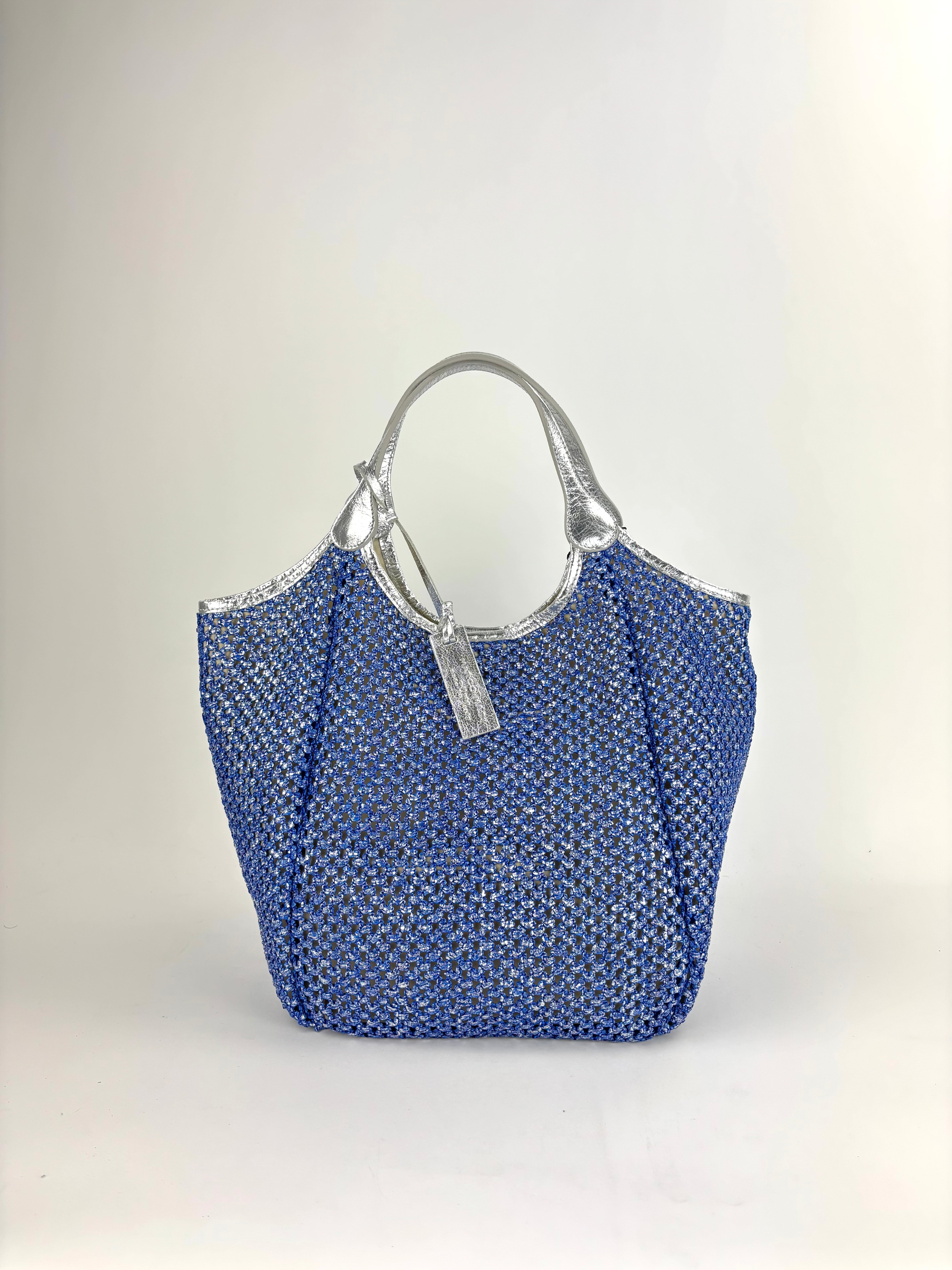 Marco Masi Metallic Silver and Blue Mermaid Raffia Mesh Shoulder Bag - Big Bag NY