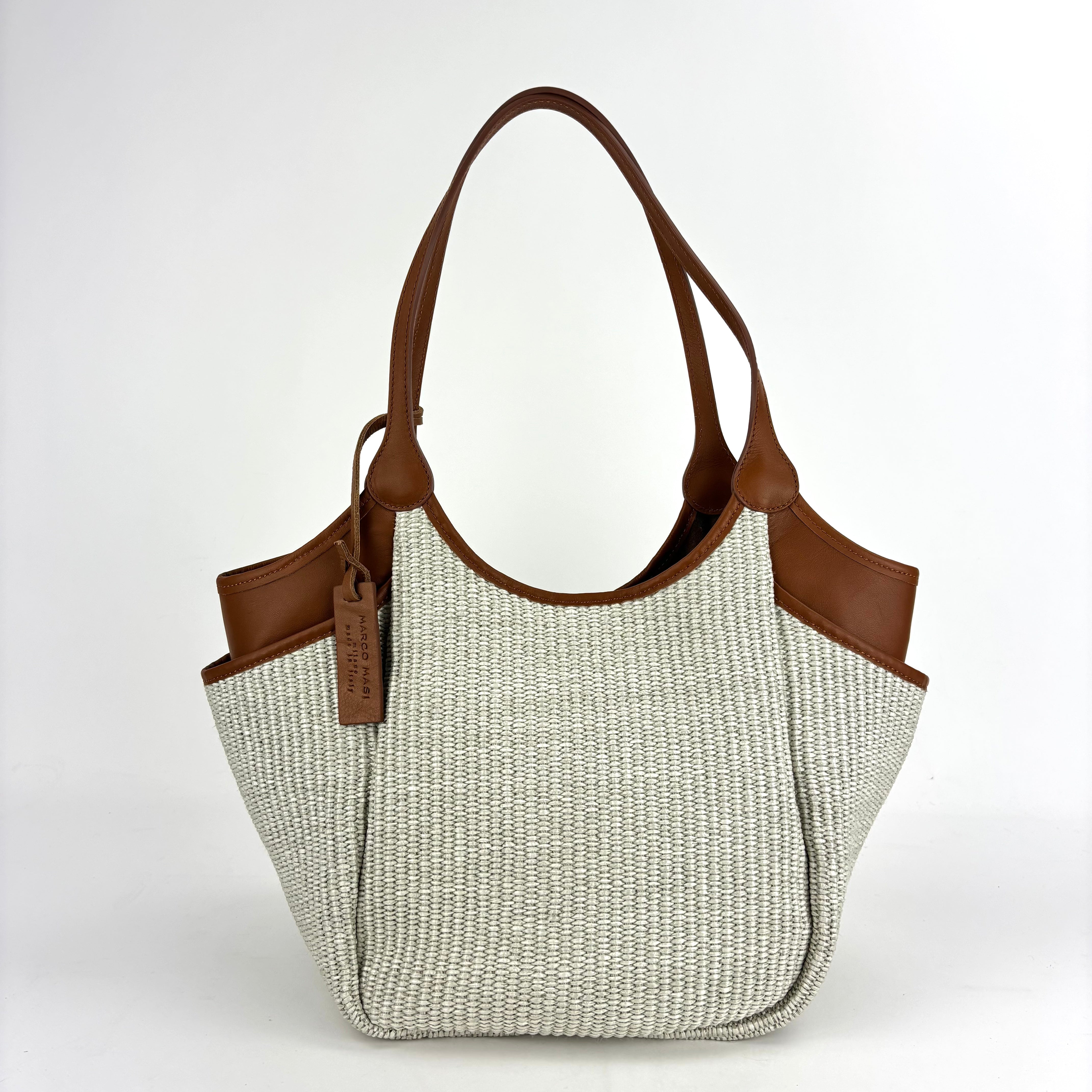 Marco Masi Small Raffia Zip Tote with Leather Side Pockets Tan - Big Bag NY