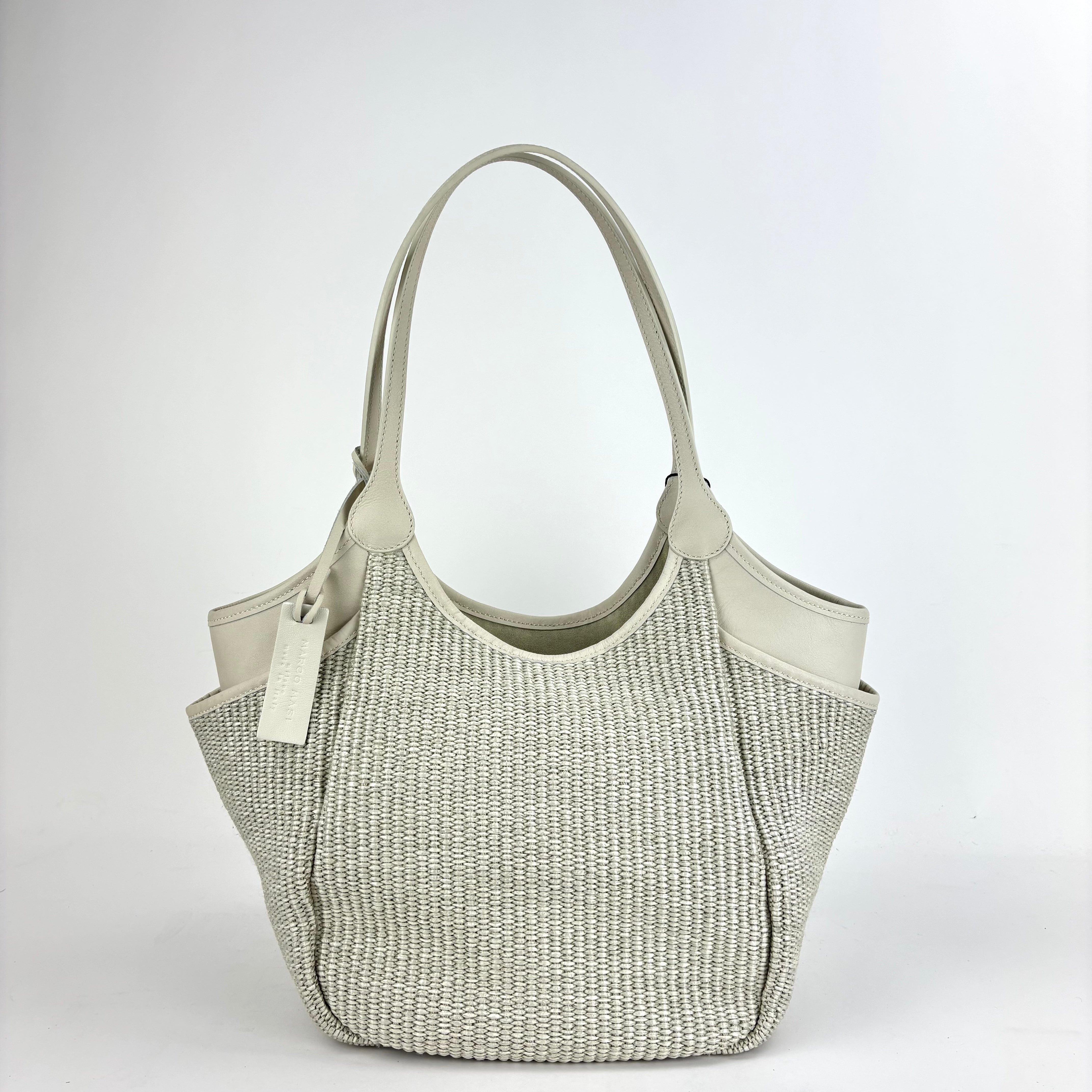 Marco Masi Small Raffia Zip Tote with Leather Side Pockets White - Big Bag NY