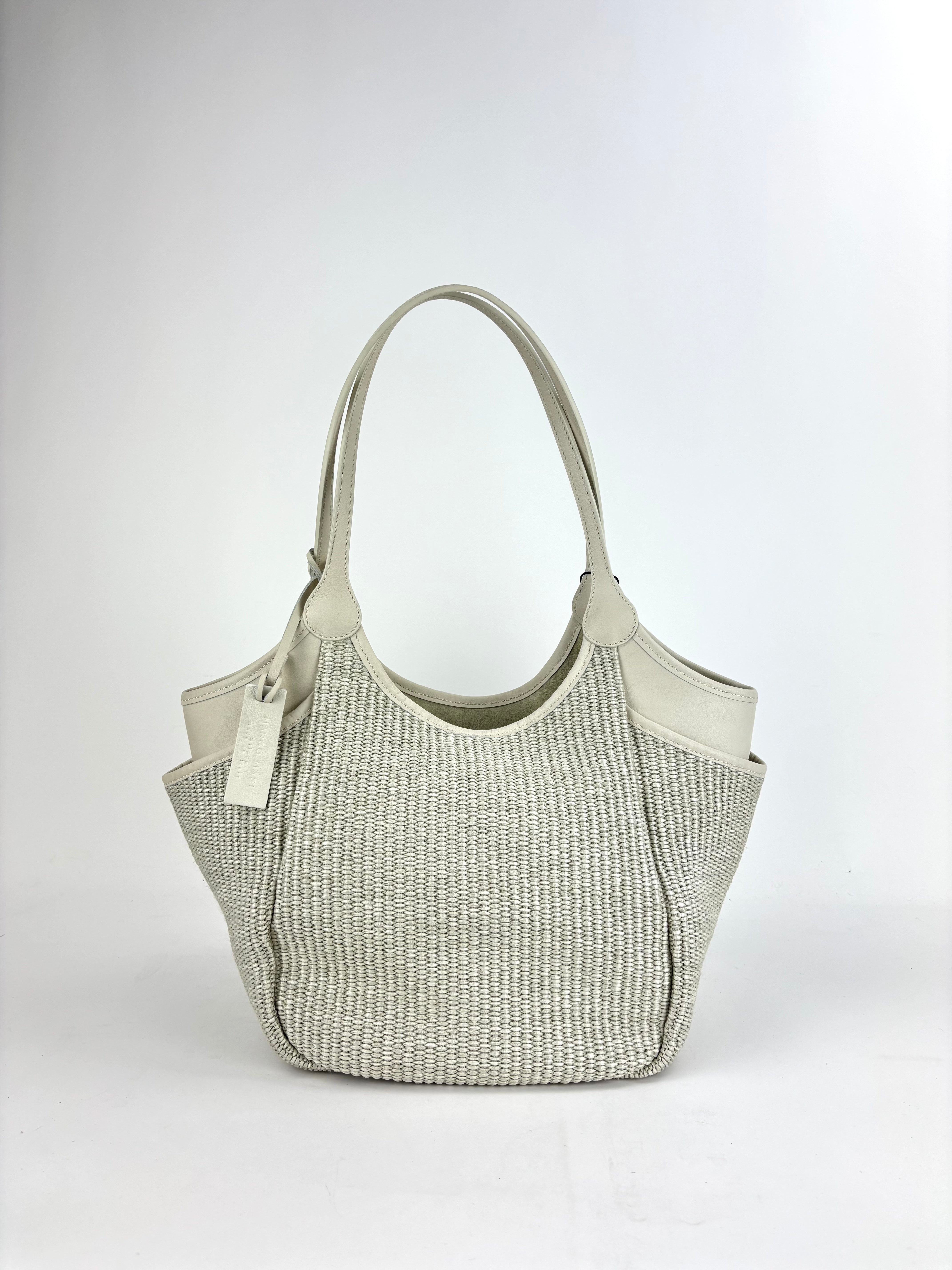 Marco Masi Small Raffia Zip Tote with Leather Side Pockets White - Big Bag NY
