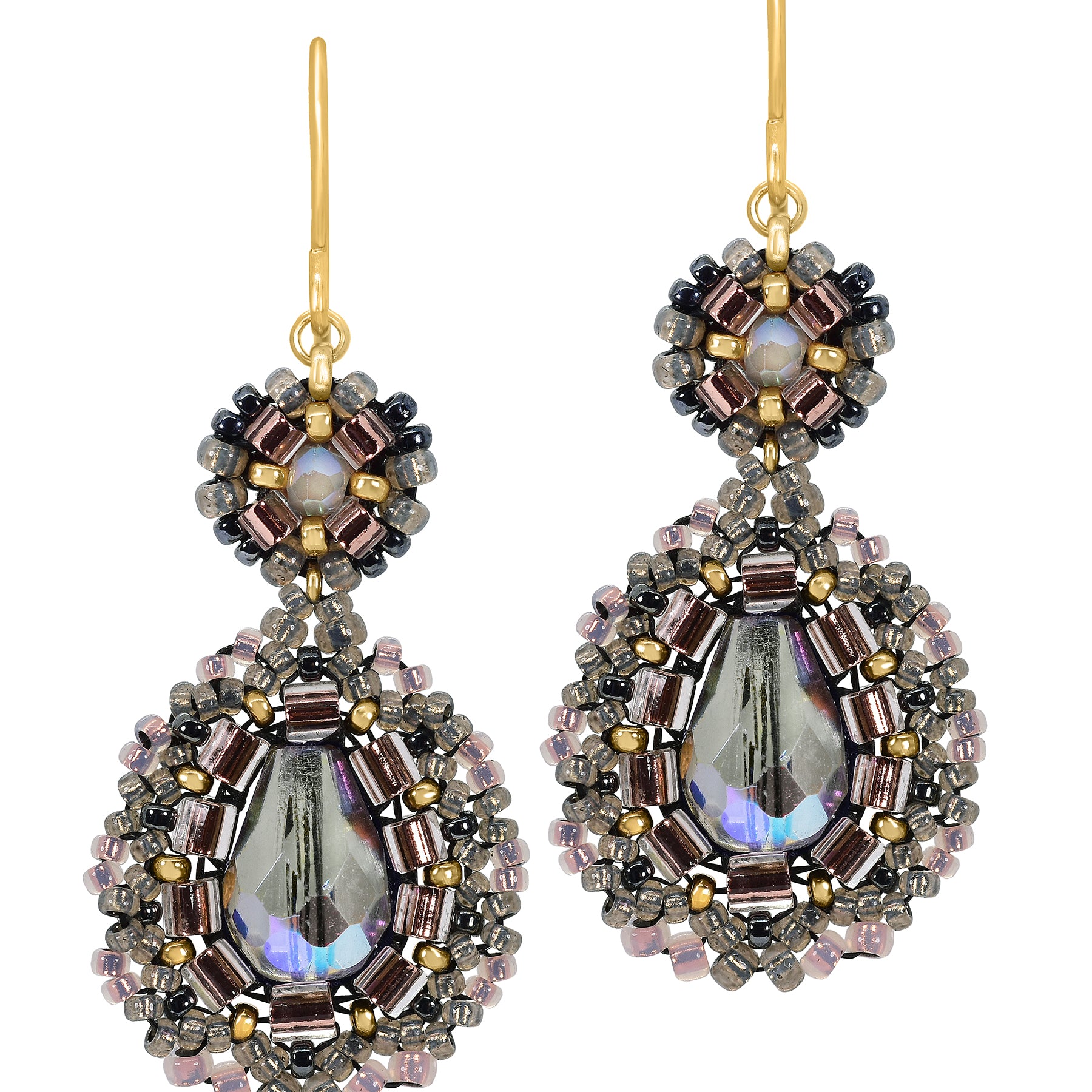 Miguel Ases White and Gold Swarovski Double Tear Drop Earrings Big-Bag-NY