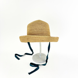 PCNQ CLEO Raffia Round Raffia Sun Hat with Green Ribbon Ties - Big Bag NY