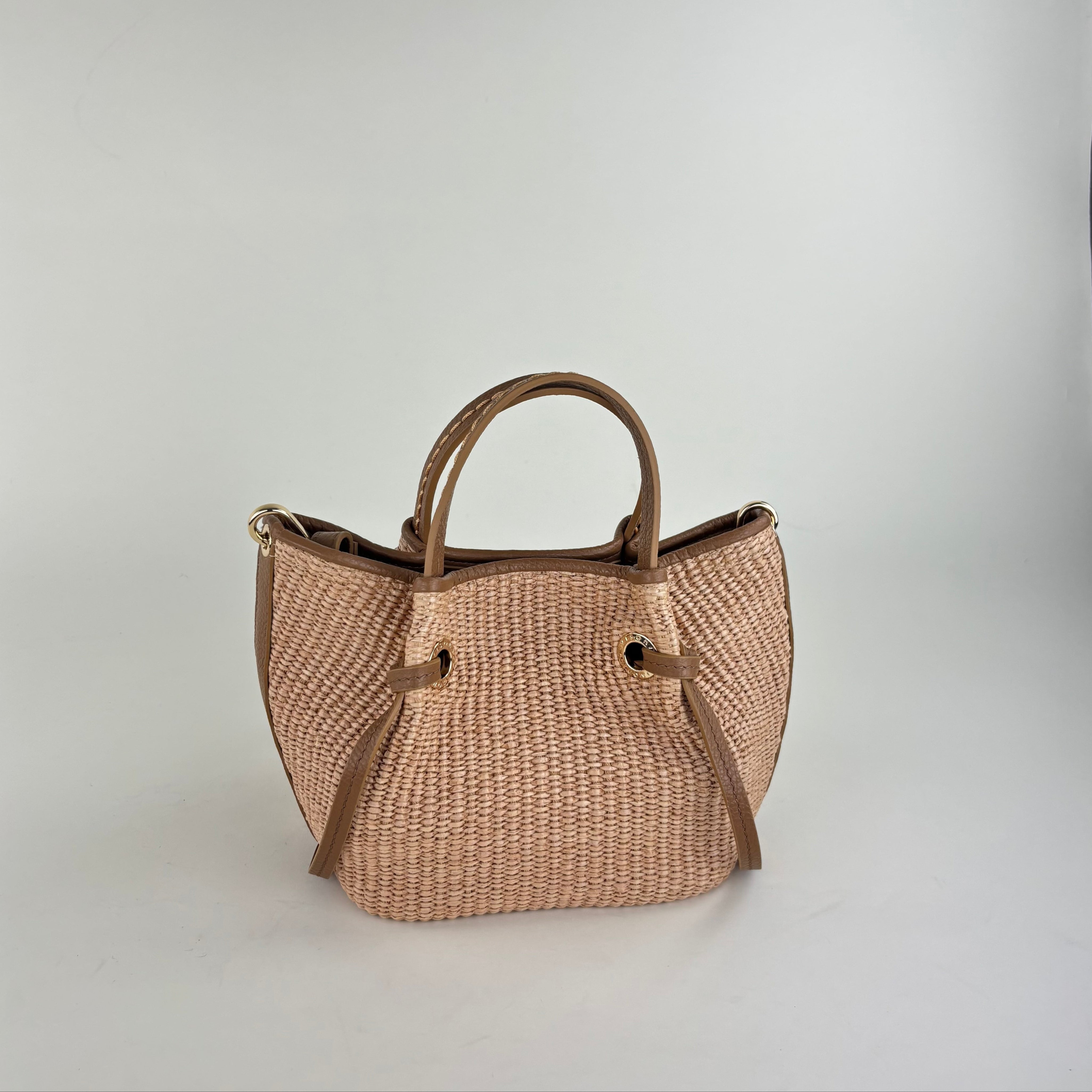 Plinio Visona Medium Giulia Raffia Double Handle Tassel Tote Tan - Big Bag NY