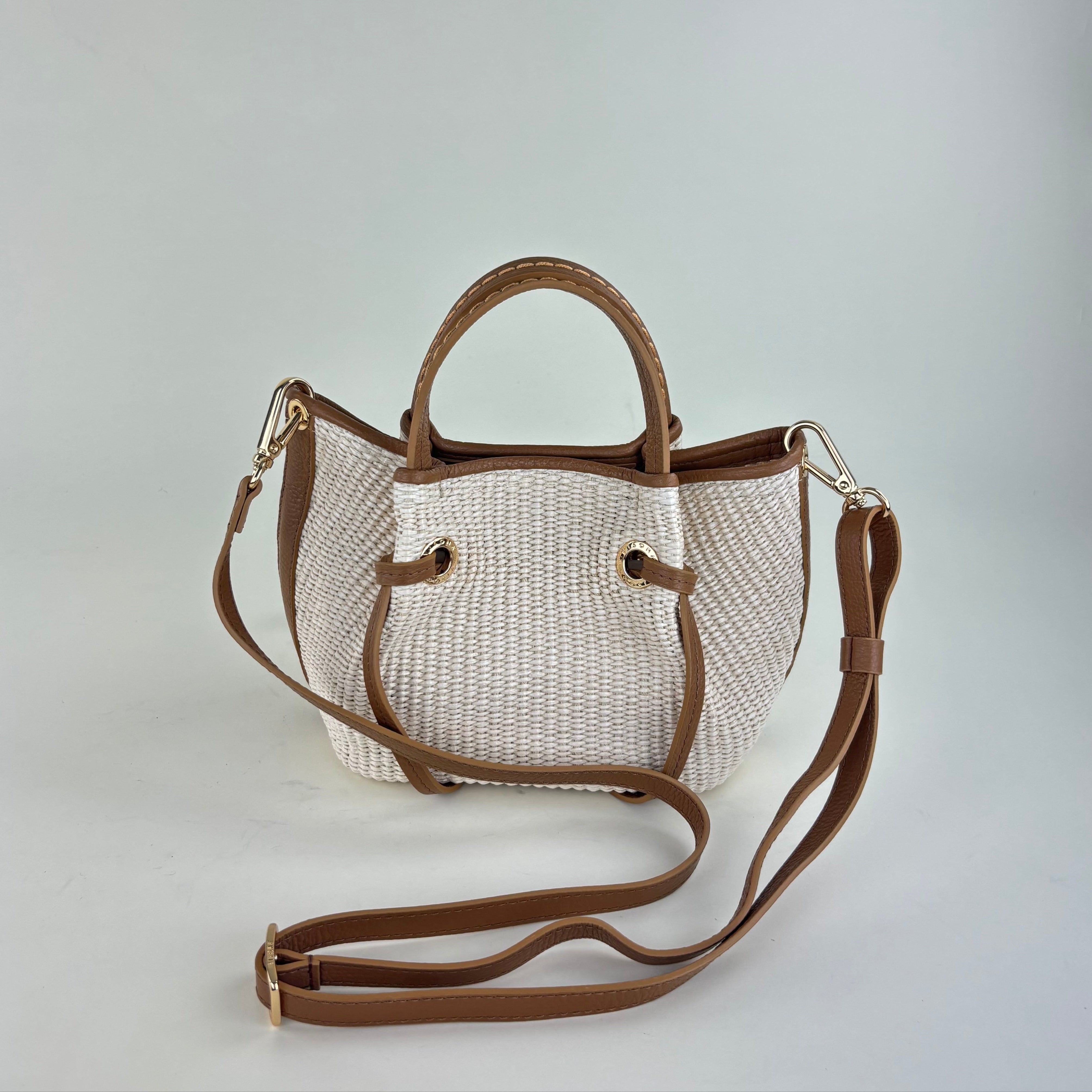 Plinio Visona Medium Giulia Raffia Double Handle Tassel Tote White - Big Bag NY
