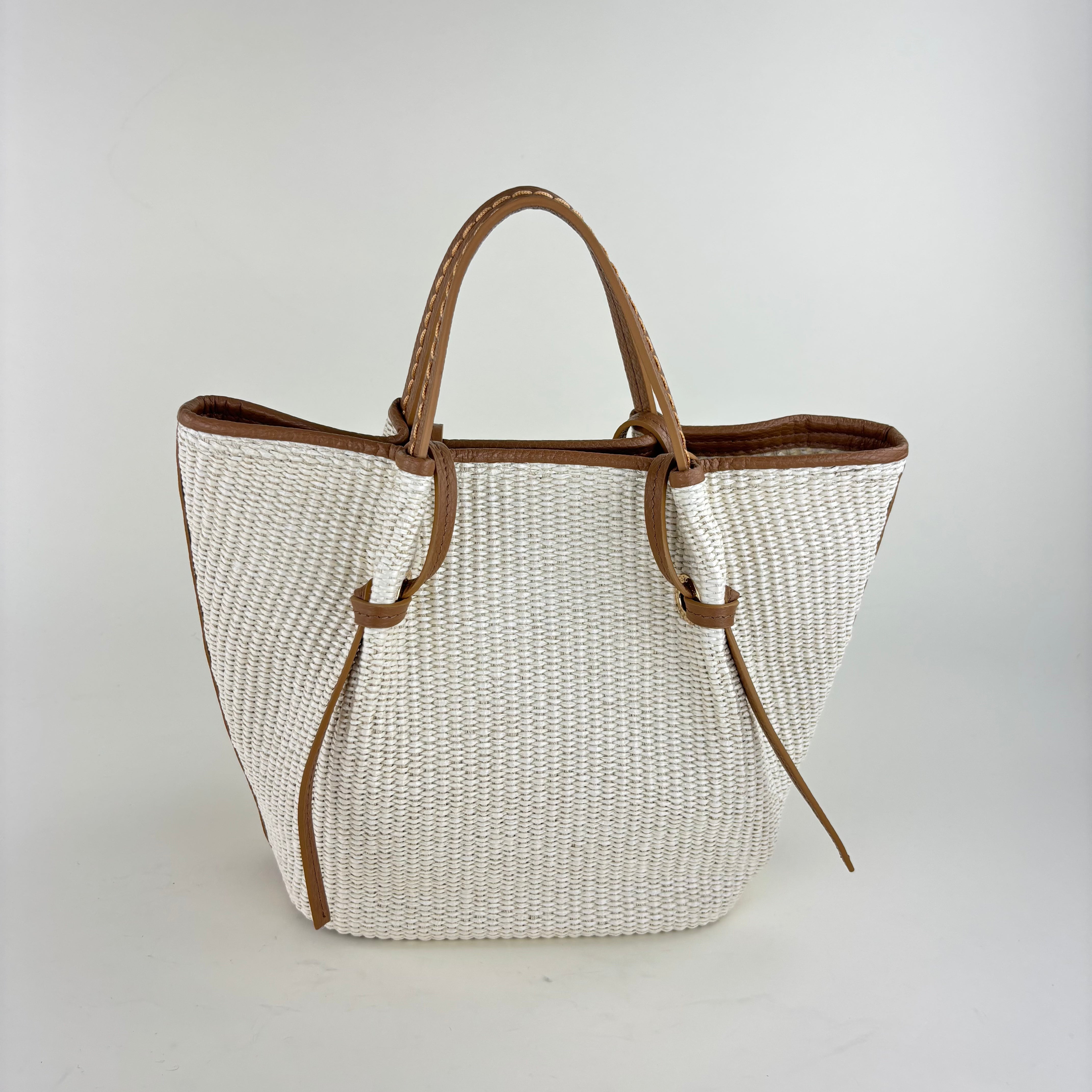 Plinio Visona Paglia Medium Raffia Double Handle Tassel Tote White - Big Bag NY