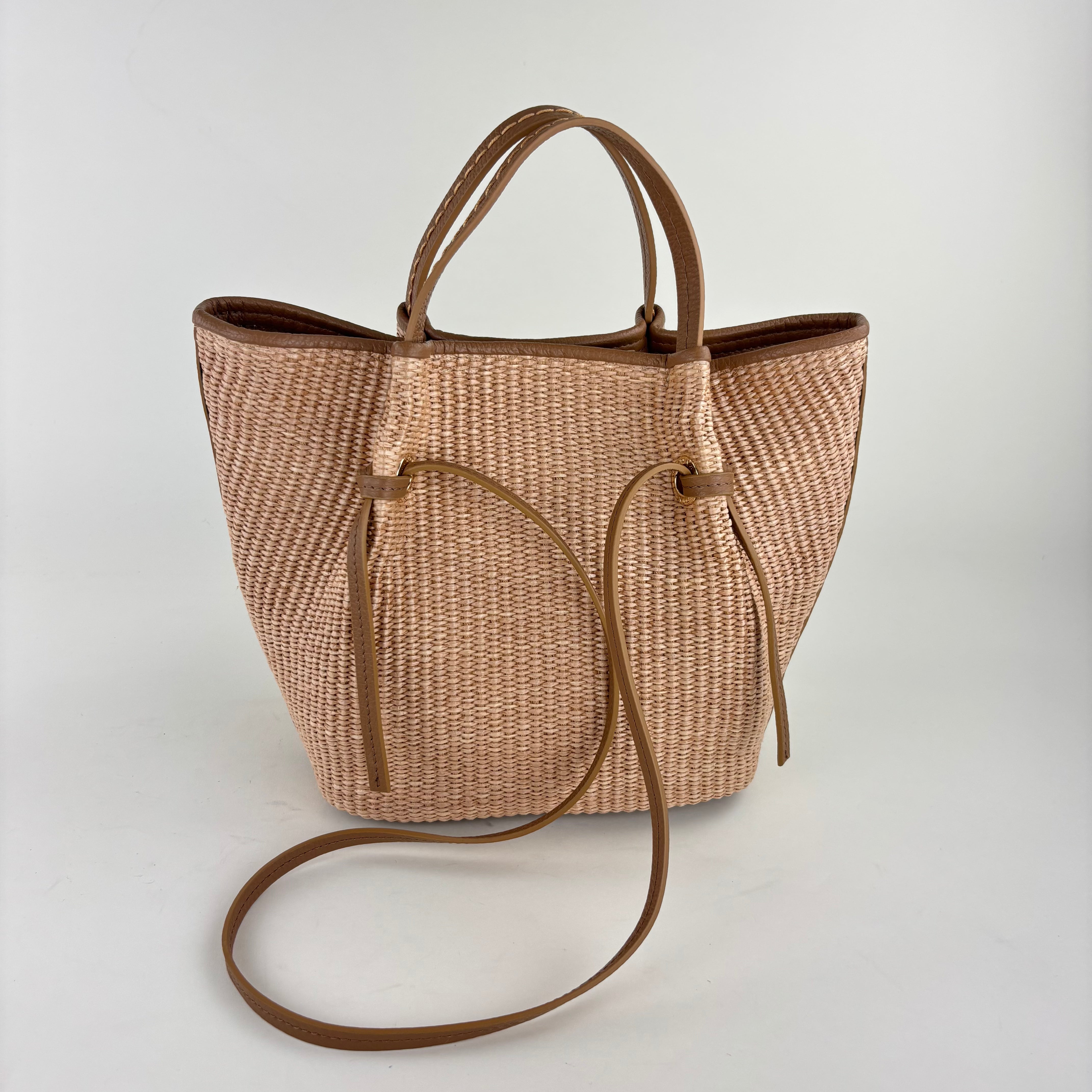 Plinio Visona Paglia Medium Raffia Double Handle Tassel Tote Tan - Big Bag NY