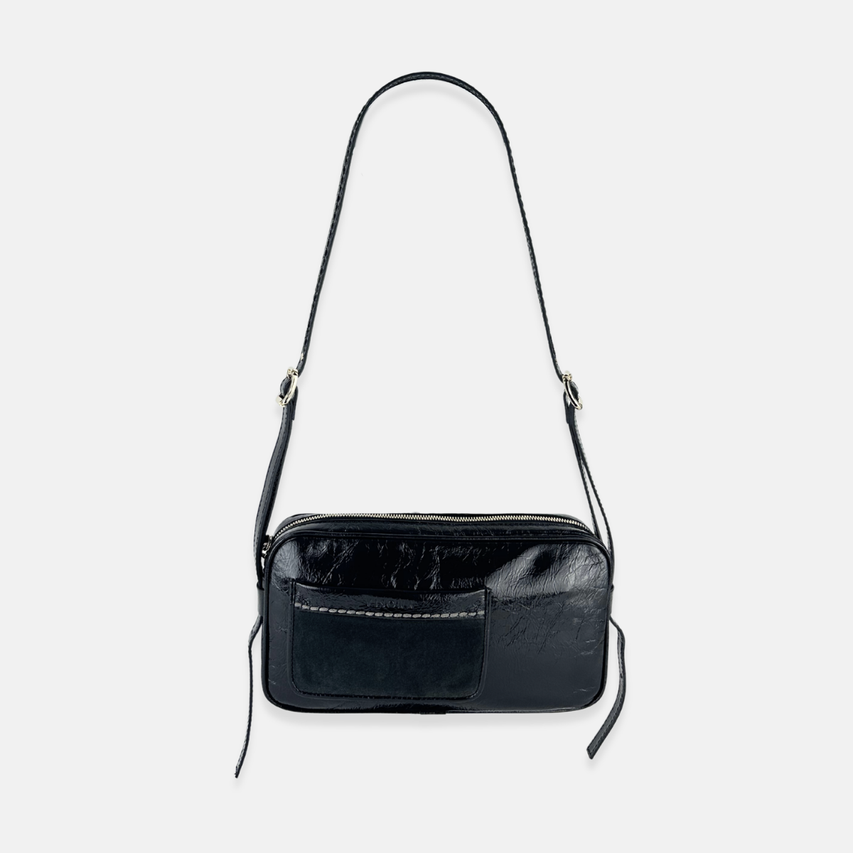 Plinio Visona Patent Leather and Suede Baguette Shoulder Crossbody Bag in Black - Big Bag NY