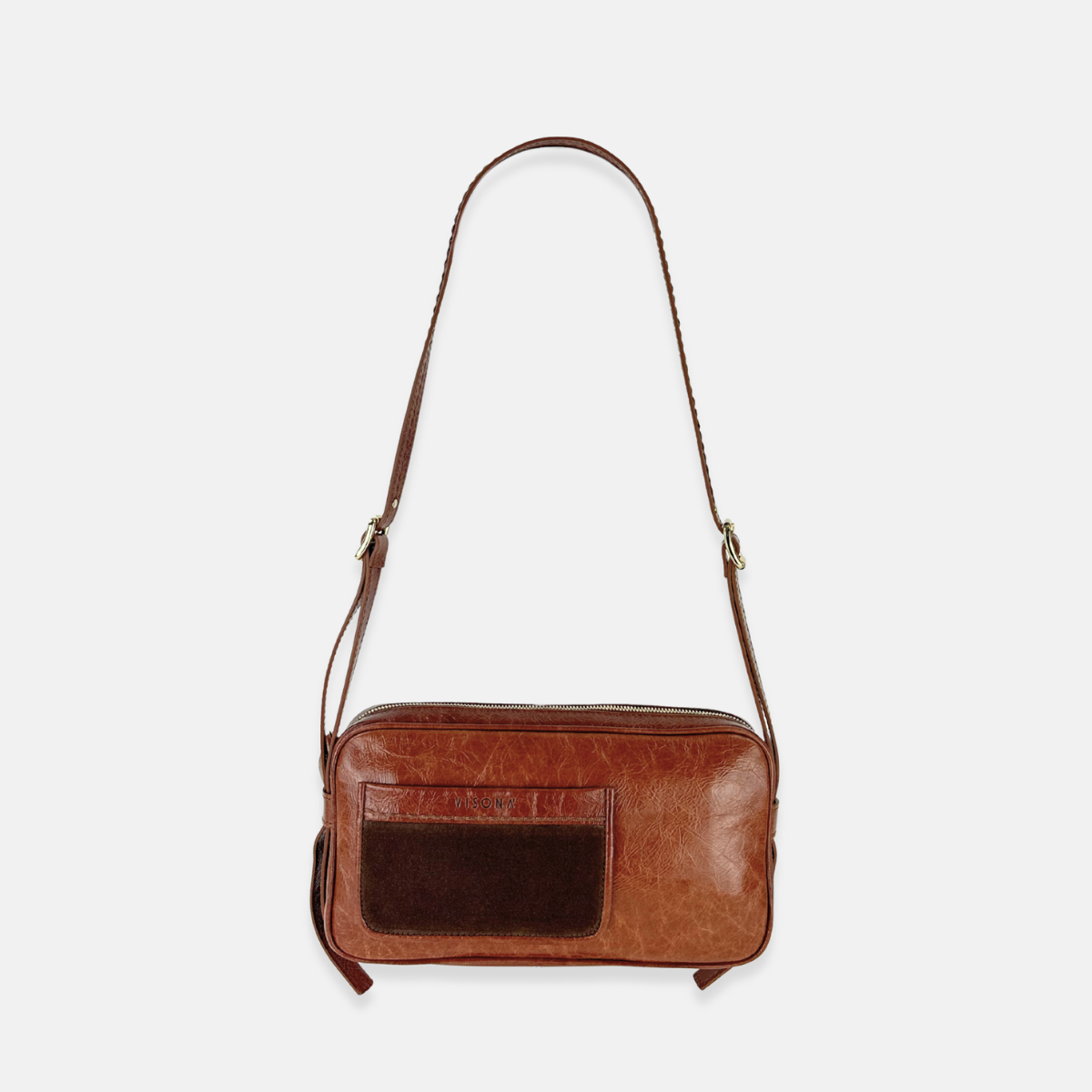 Plinio Visona Patent Leather and Suede Baguette Shoulder Crossbody Bag in Brown - Big Bag NY