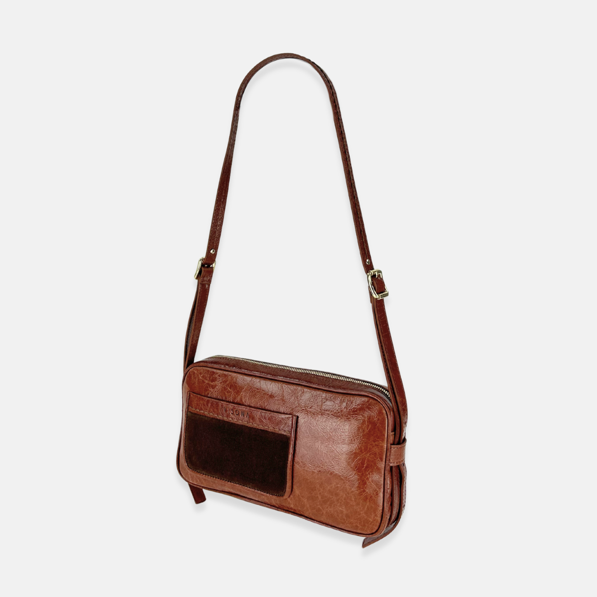 Plinio Visona Patent Leather and Suede Baguette Shoulder Crossbody Bag in Brown - Big Bag NY