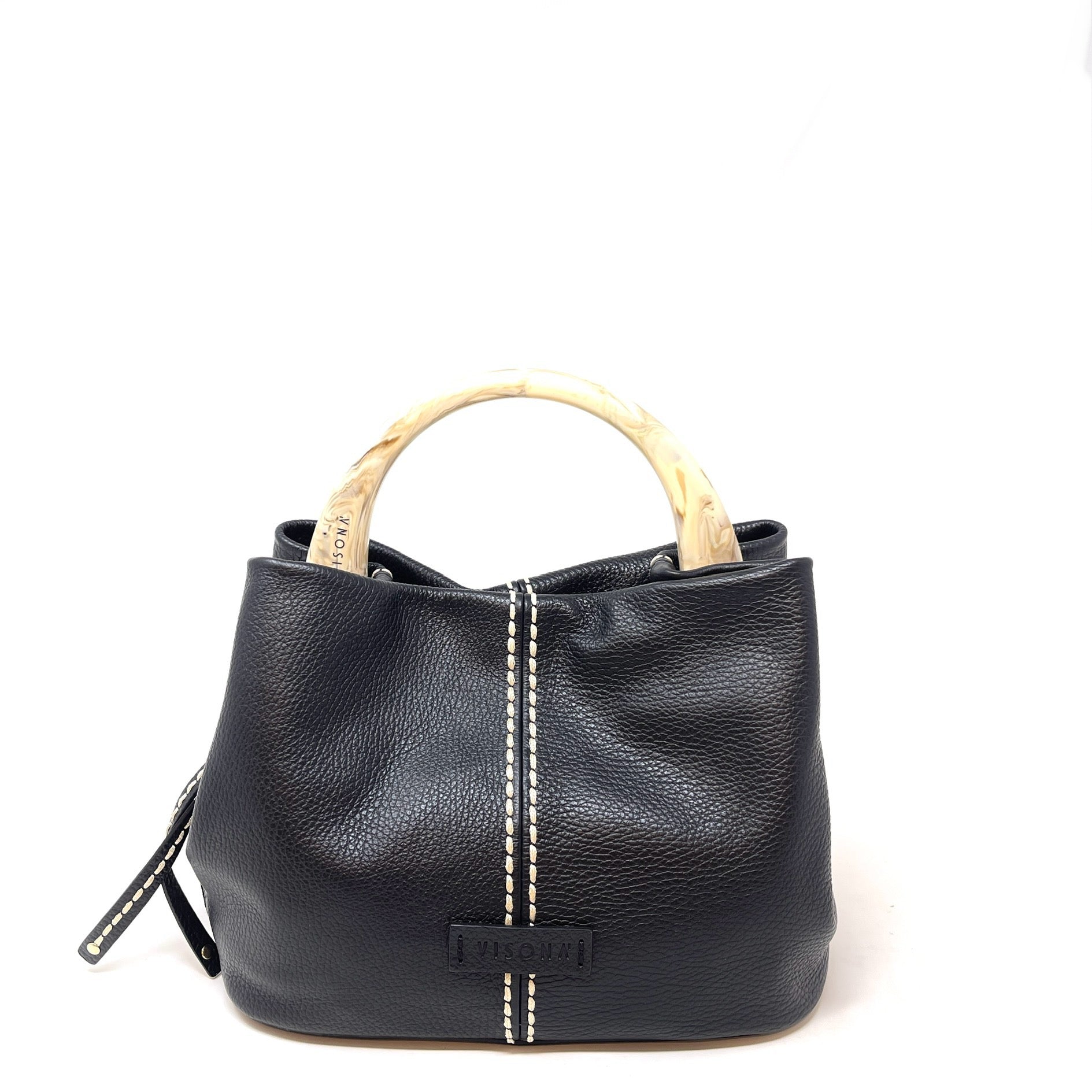 Plinio Visona Tortoise Handle Contrast Stitch Handbag Black - Big Bag NYPV-25221-NERO - Big Bag NY