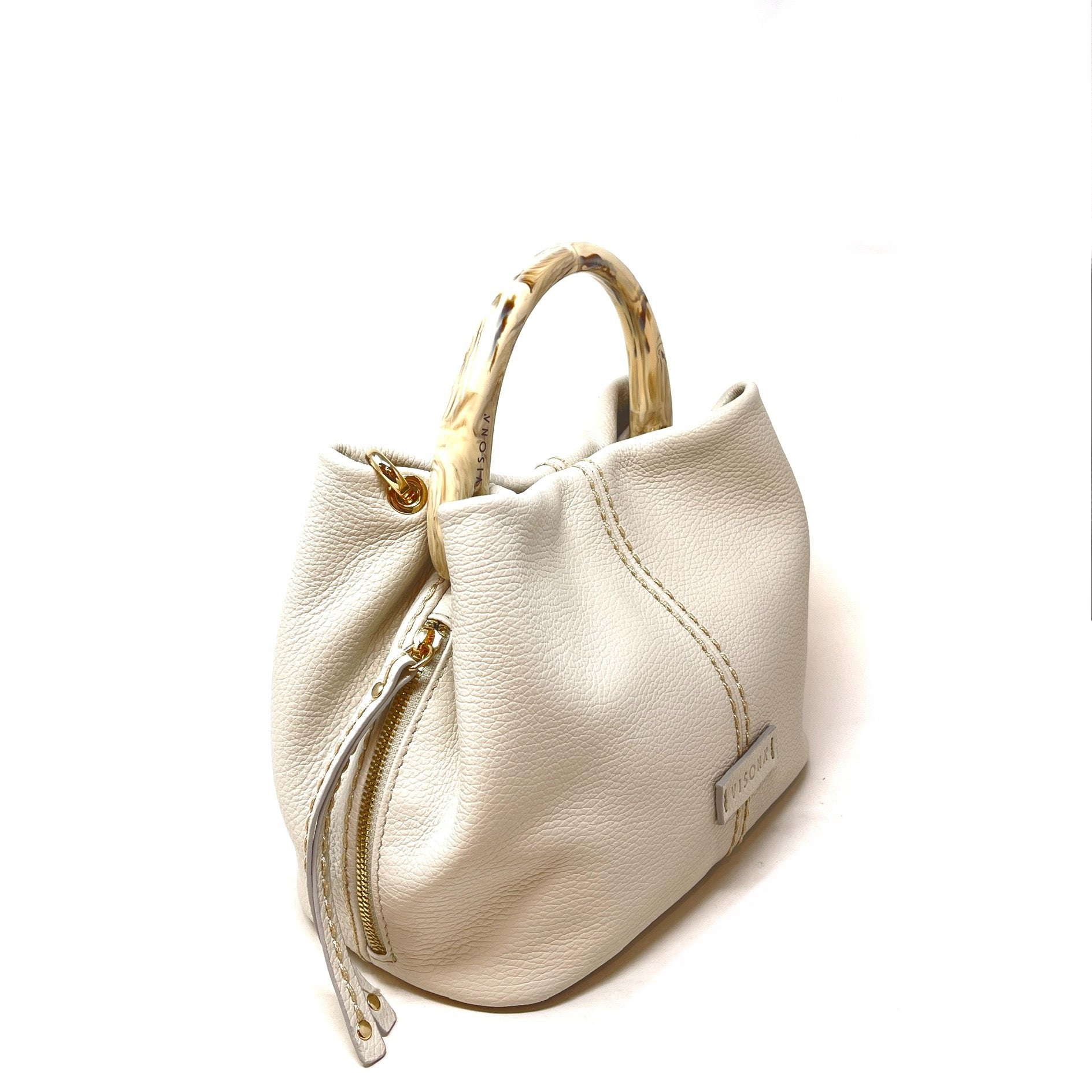 Plinio Visona Tortoise Handle Contrast Stitch Handbag Latte - Big Bag NY