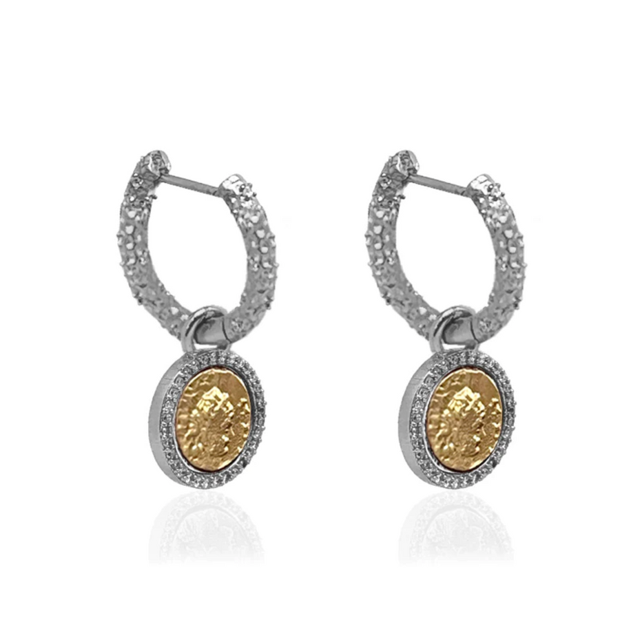 Tat2 Silver Crystal Huggies with Slide On Dupre Coins Earrings