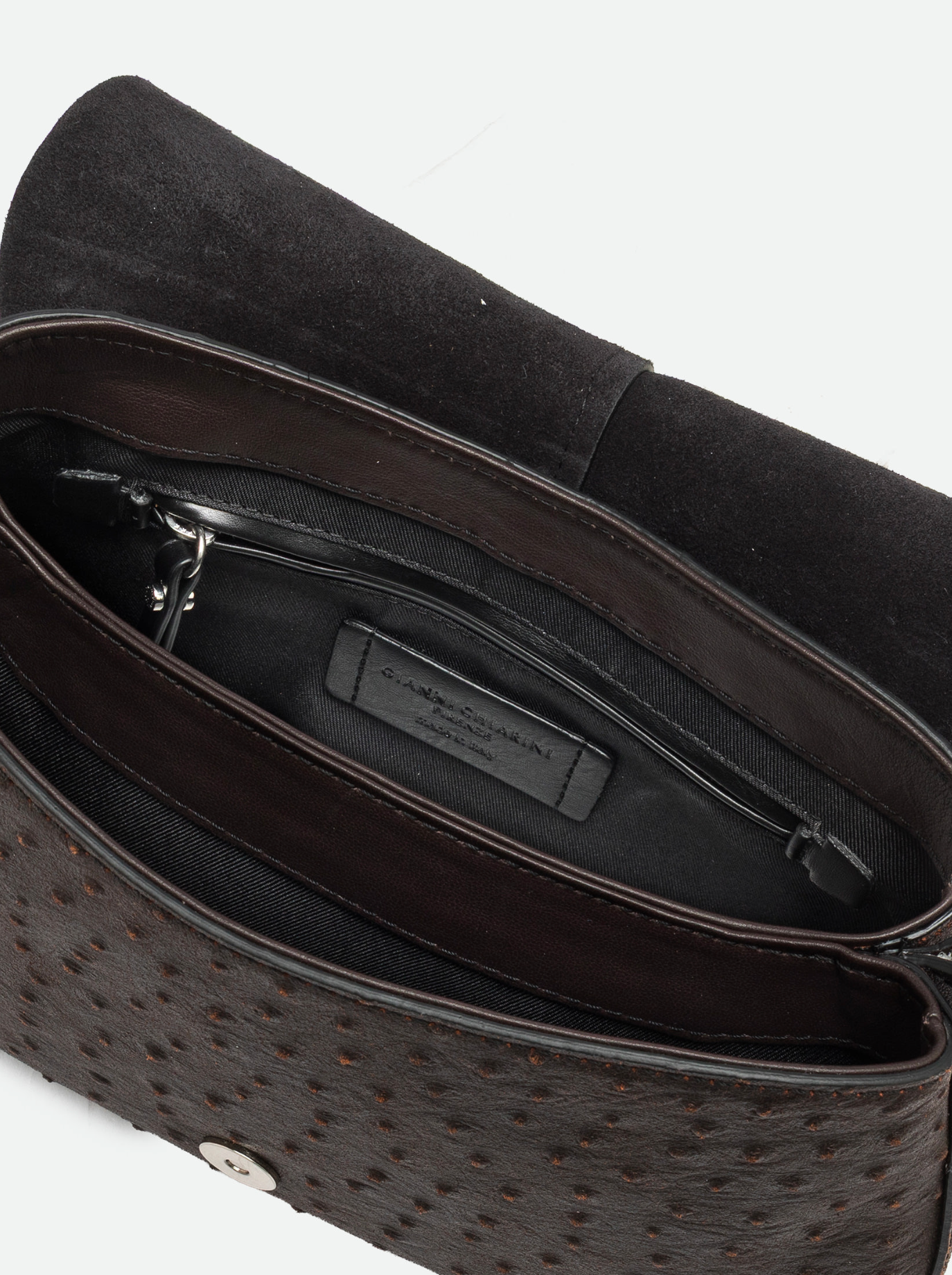 Gianni Chiarini Helena Round Flap Ostrich Print Crossbody in Espresso - Big Bag NY