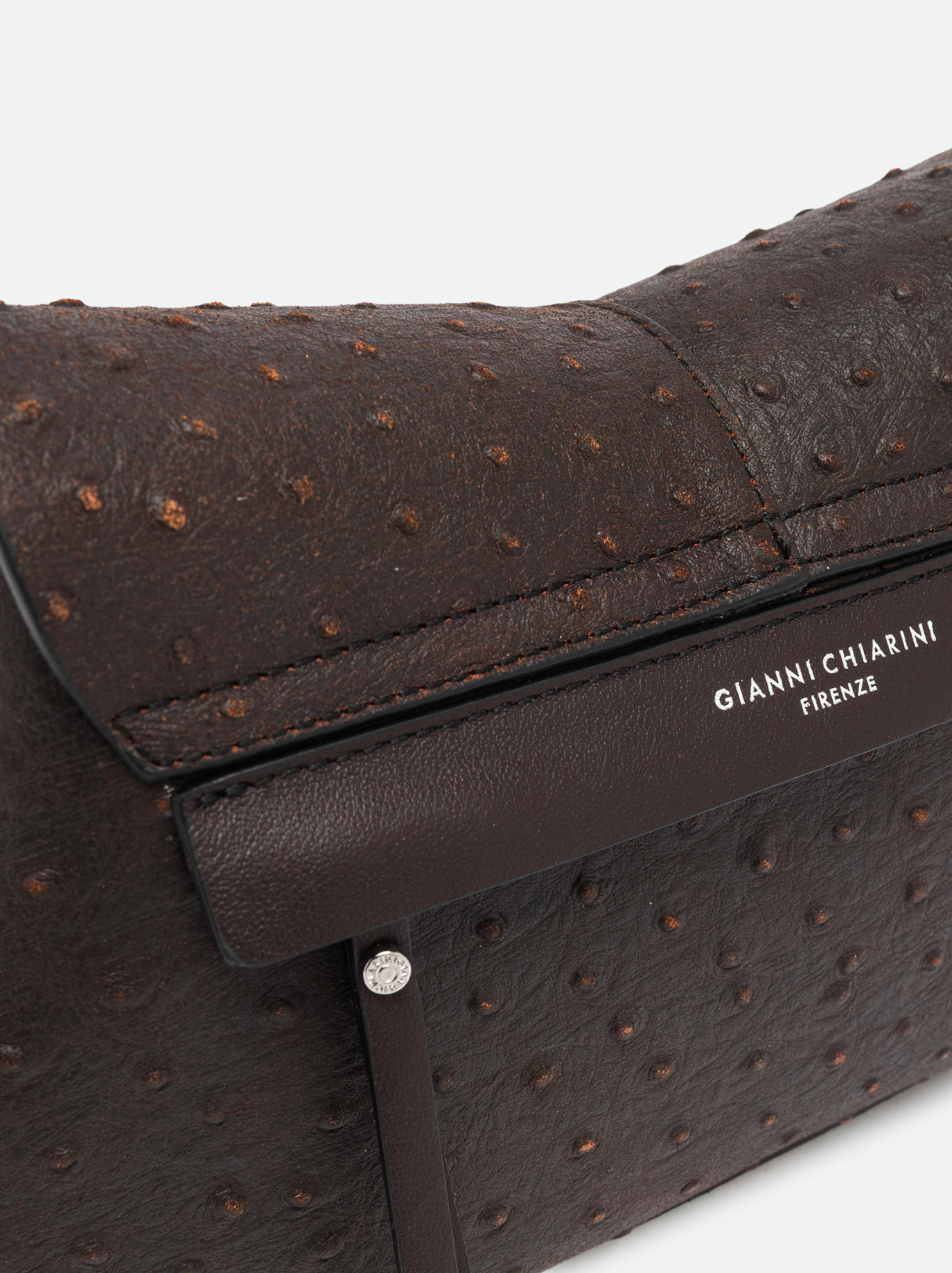 Gianni Chiarini Helena Round Flap Ostrich Print Crossbody in Espresso - Big Bag NY