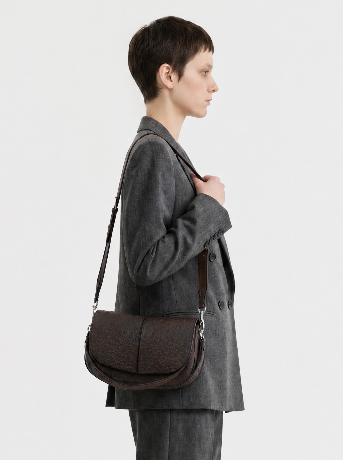 Gianni Chiarini Helena Round Flap Ostrich Print Crossbody in Espresso - Big Bag NY