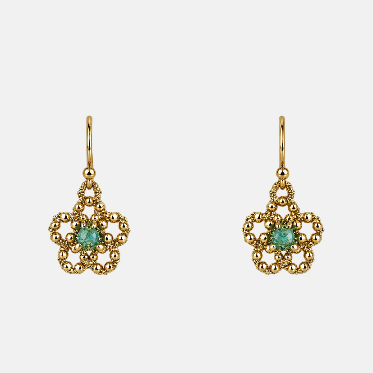 Small Gold Pyrite and Blue Topaz Flower Earrings - Big Bag NY