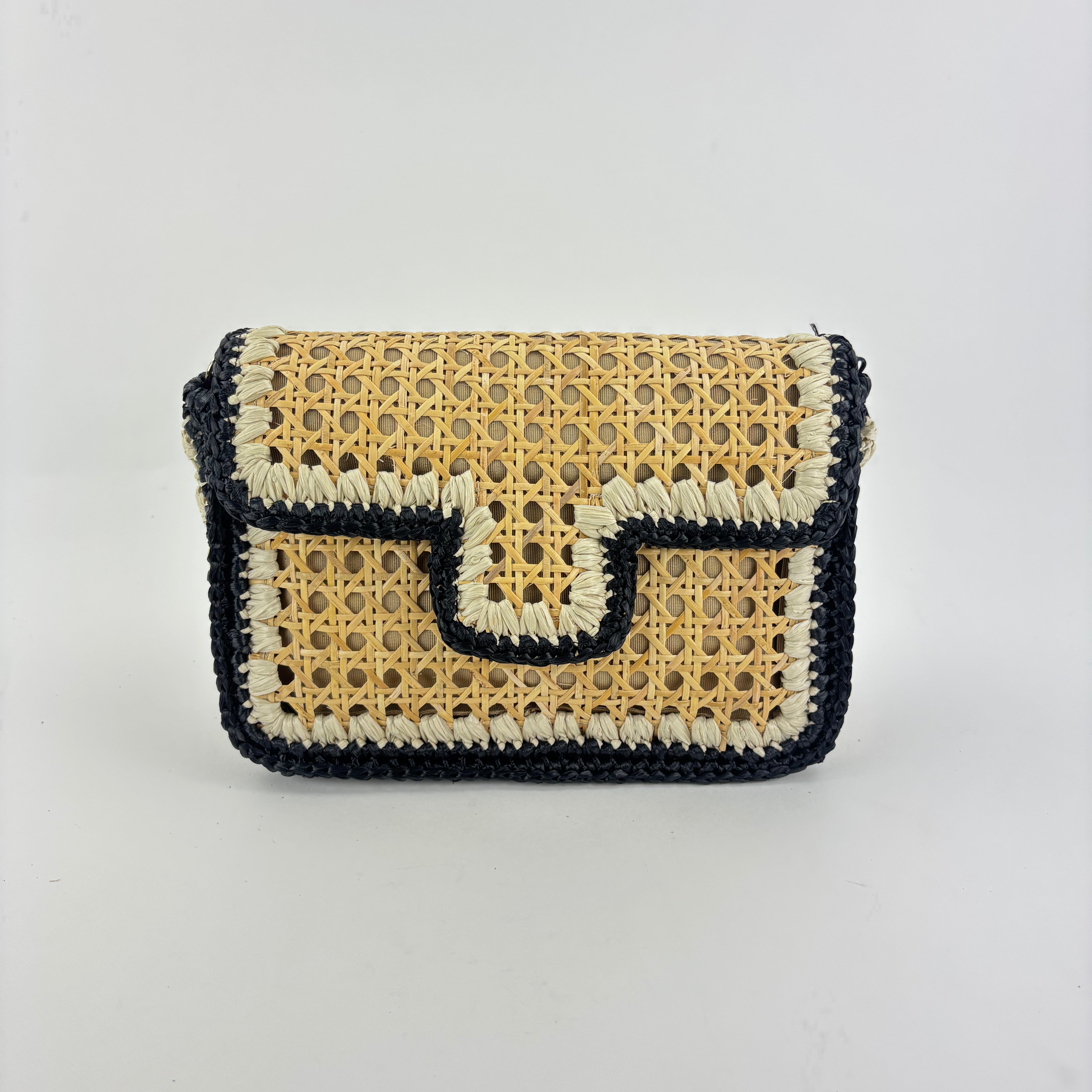 Straw Caning Flap Shoulder Bag in Black and White Crochet - Big Bag NY