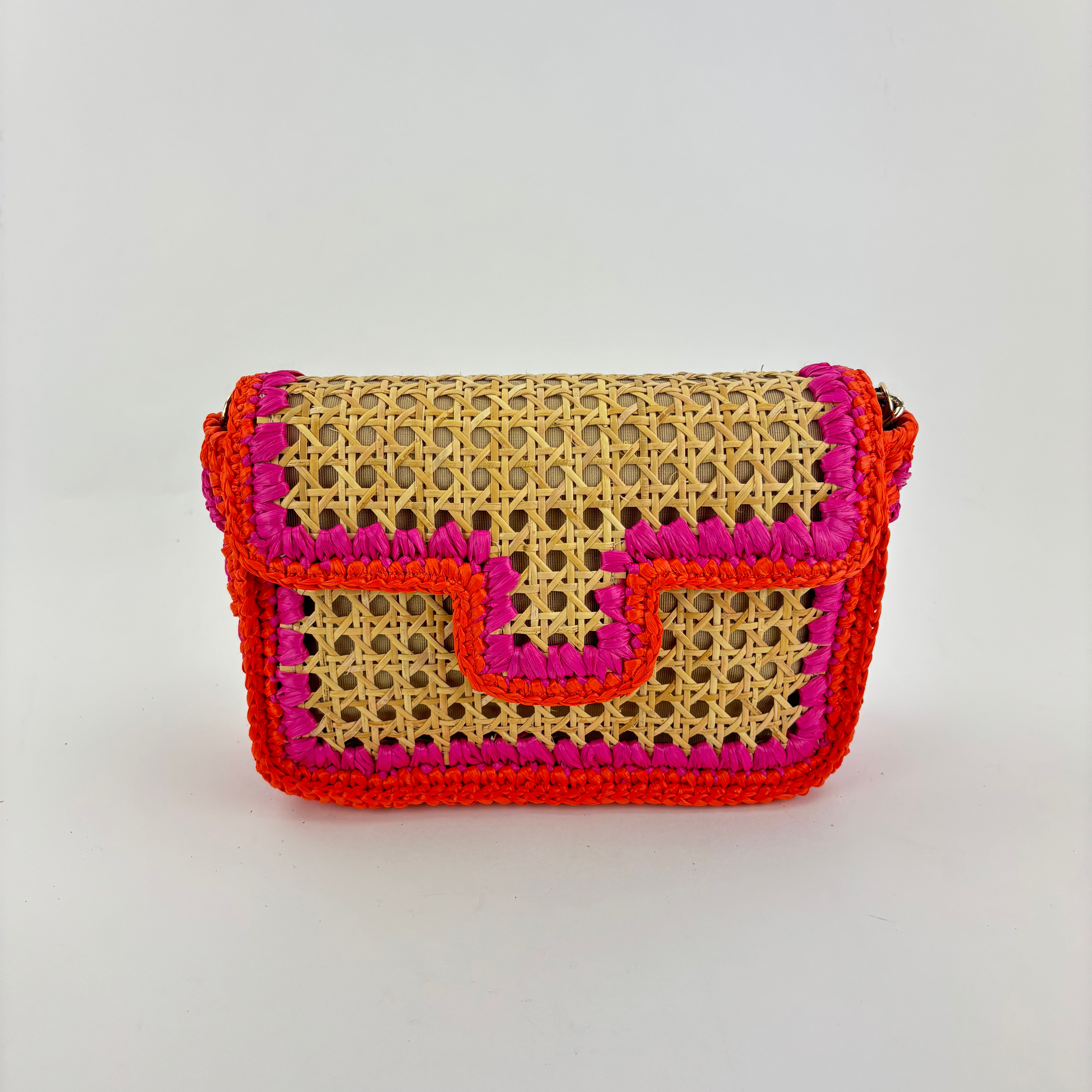 Straw Caning Flap Shoulder Bag in Pink and Orange Crochet - Big Bag NY