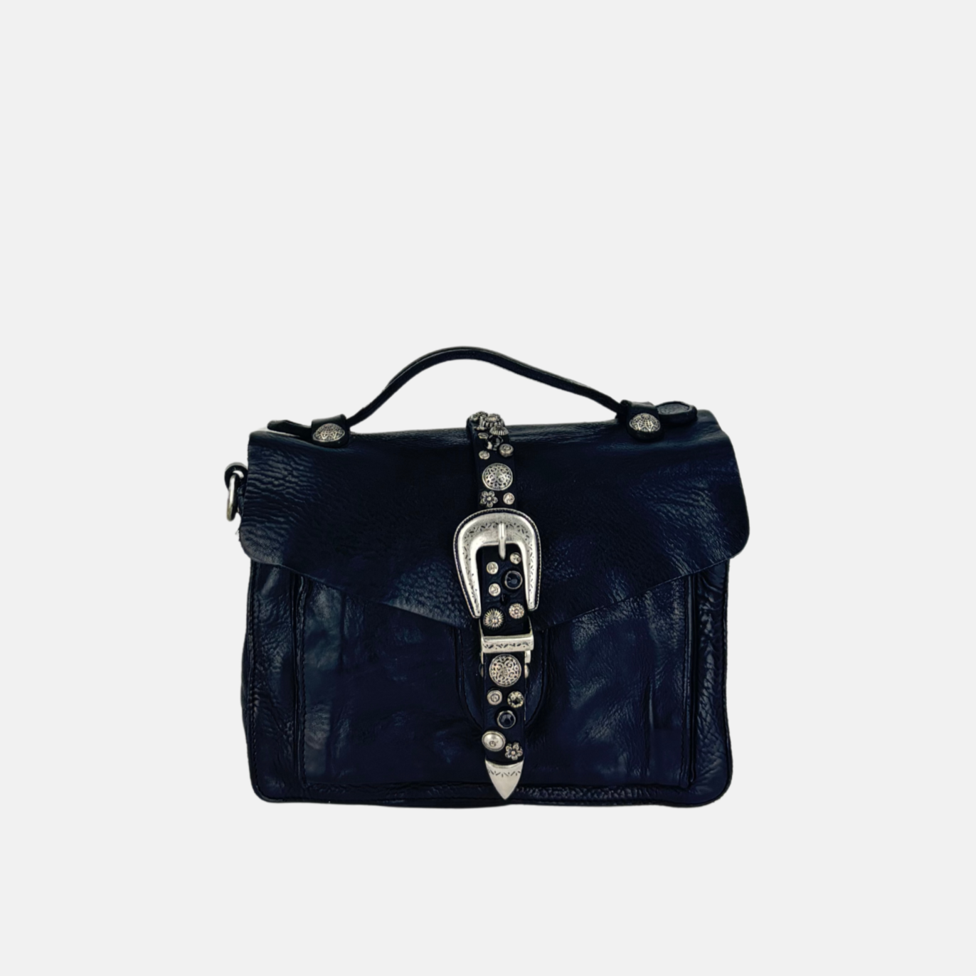 Campomaggi PORZIA Small Black Satchel Bag with Silver Flower Studs - Big Bag NY