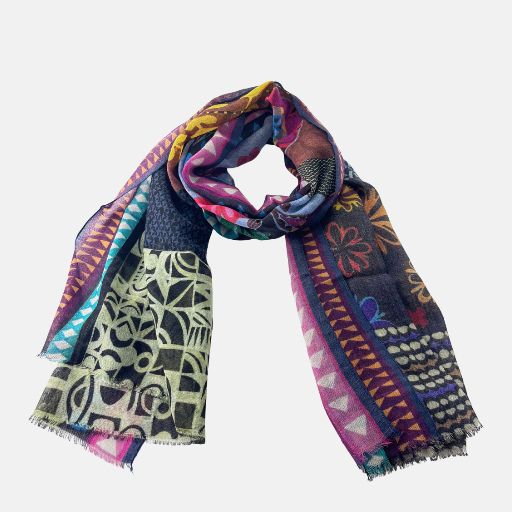 Mixed Print with Florals Wool Scarf in Purple