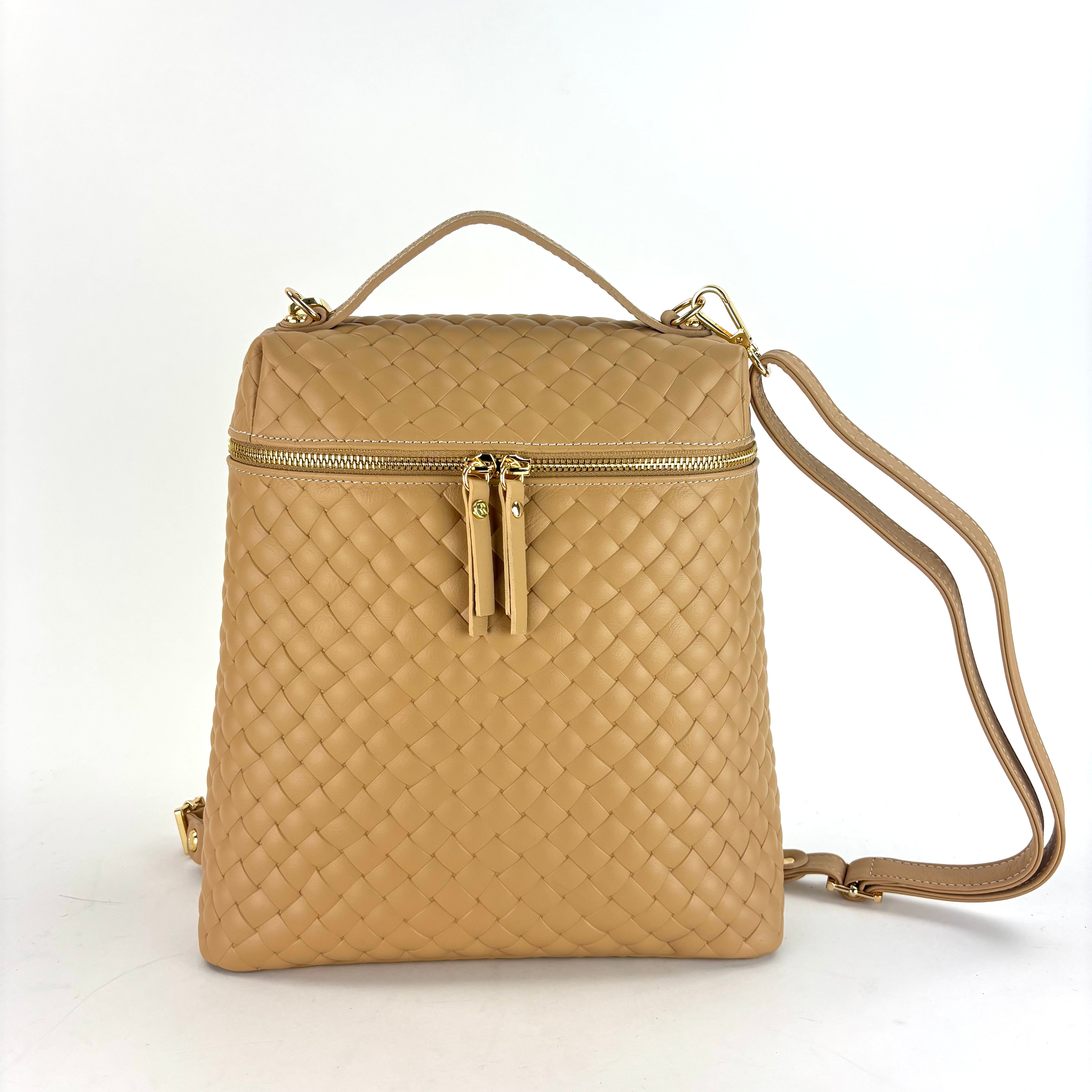 Woven Leather Convertible Backpack Camel - Big Bag NY