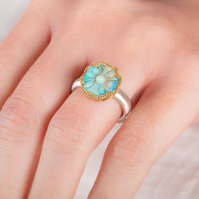 Amali Carved Flower Ethiopian Opal Ring - Big Bag NY
