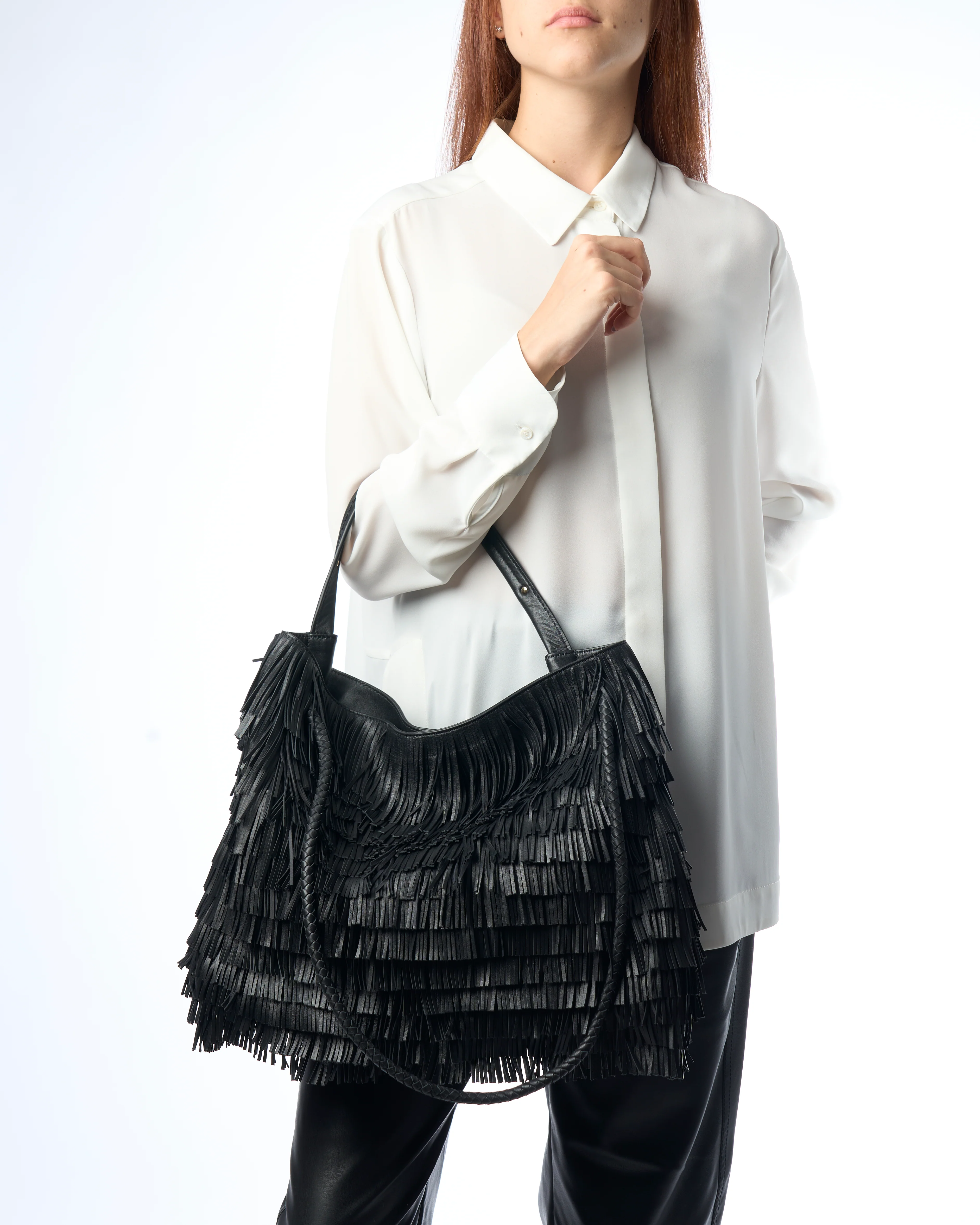 VISONA Diletta Nappa Fringe Large Shoulder Bag - Big Bag NY