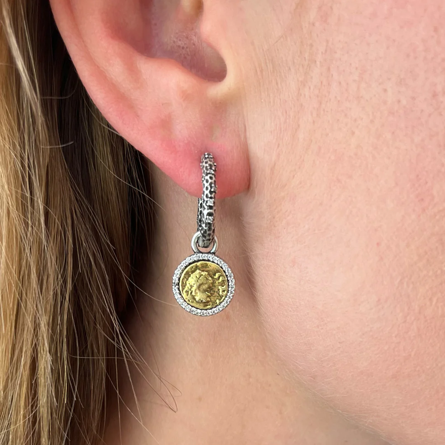 Tat2 Silver Crystal Huggies with Slide On Dupre Coins Earrings