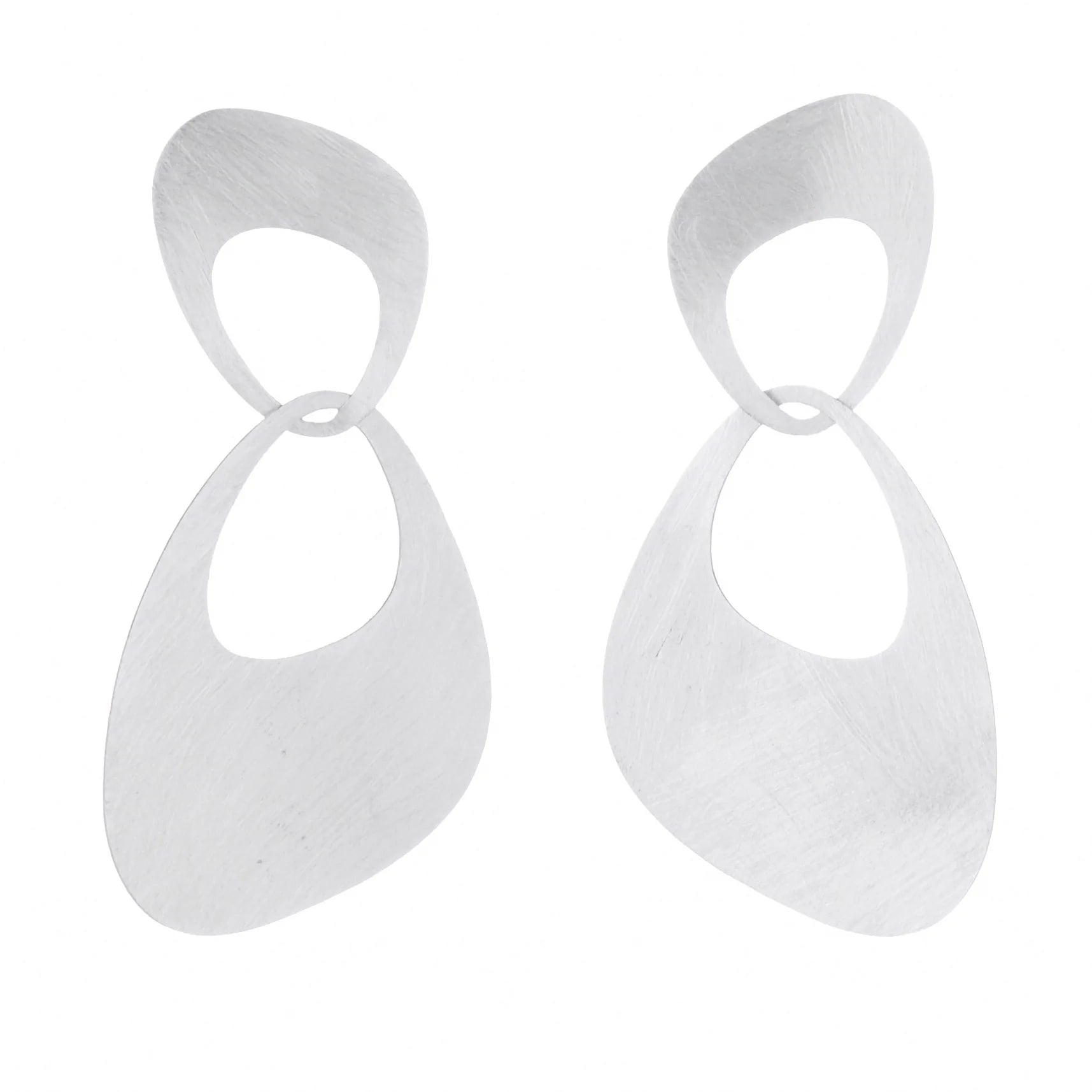 Petal shapes of softly sanded sterling silver are accented by brightly burnished edges in these feather-light and elegant post earrings. The smaller top shape sits comfortably against the ear, with the lower interlocking petal moving freely below. Measures 1.87"L x 1"W.