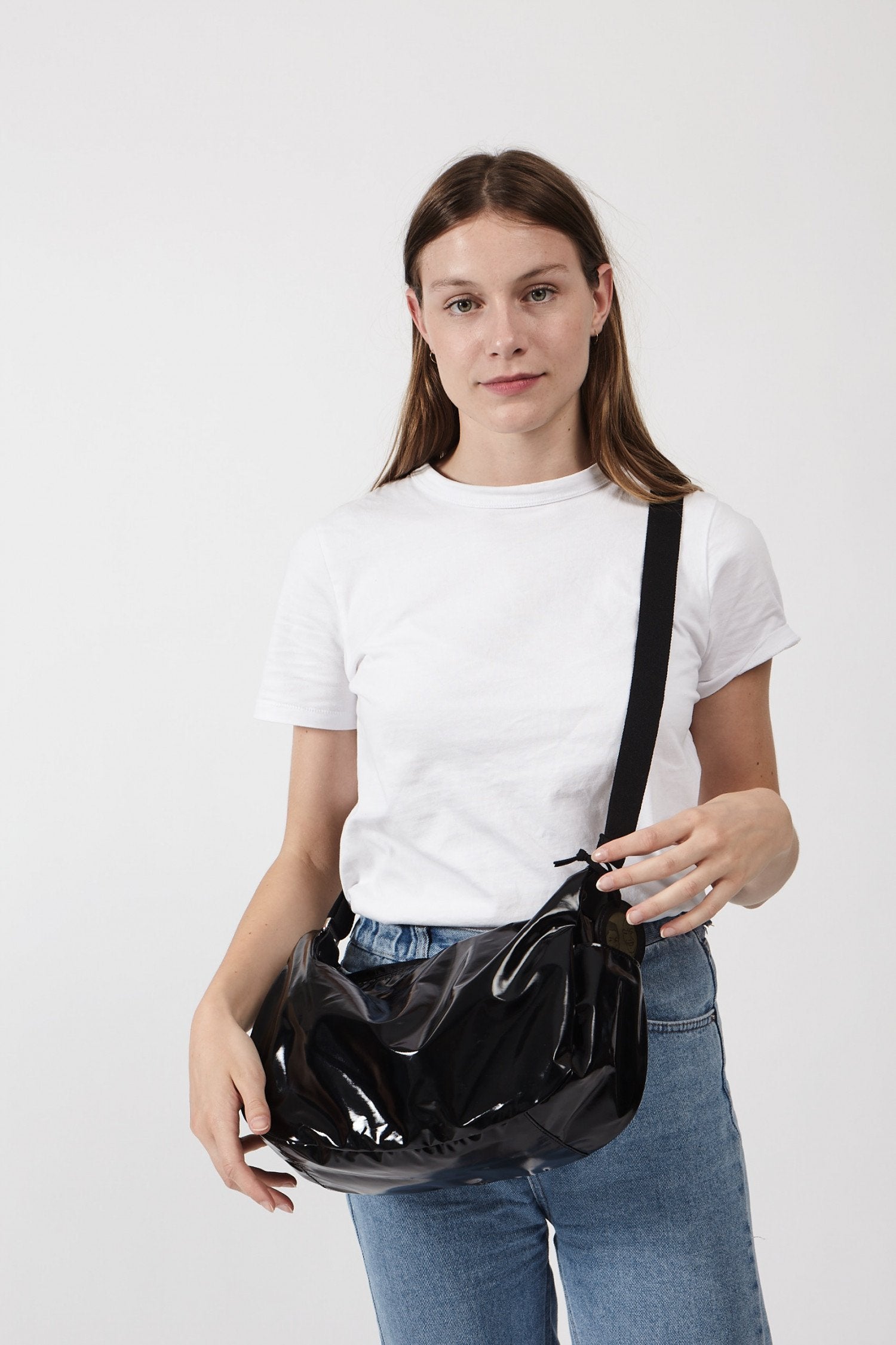 Jack Gomme Original Light Liris Crossbody Shoulder Hobo Bag at Big Bag NY in Moka Algue Bleuet Navy Noir Metal  Edit alt text